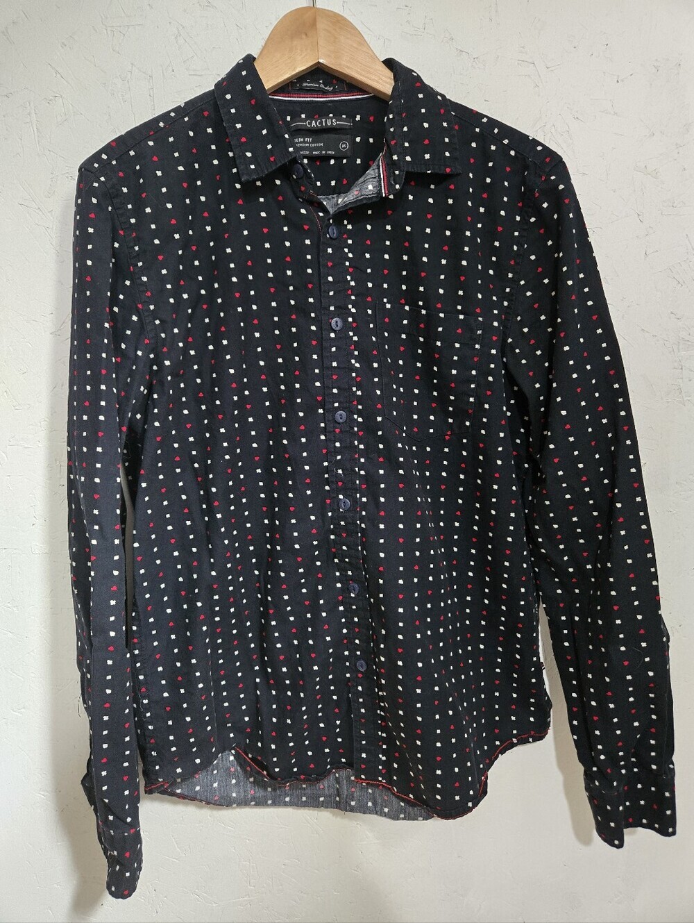 Cactus Slim Fit Black Button-Down Shirt with Red & White Dot Grid